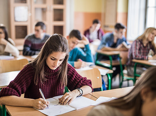 Bullerskydd i skolor stödjer inlärning och koncentrerat arbete. En flicka arbetar koncentrerat i klassrummet i en skola med bullerskydd.