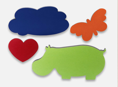 Barnvänliga motivabsorbenter från aixFOAM Ljudabsorbenter med motiven flodhäst, moln, hjärtaa och fjäril som bullerskydd i skola och förskola.